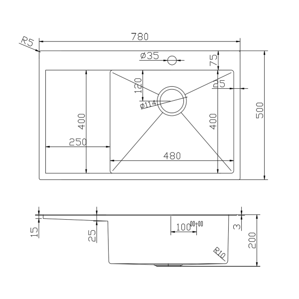 Мойка настольный монтаж 78х50 (3,0) прав.вып 3 1/2  сатин